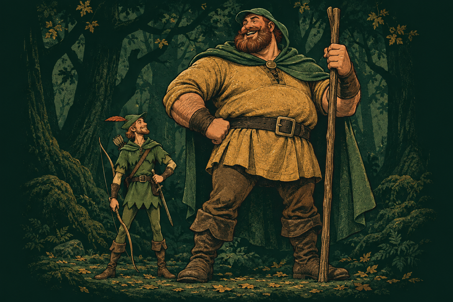 An enormous, cheerful Little John towers beside his much smaller friend Robin Hood in Sherwood Forest.
